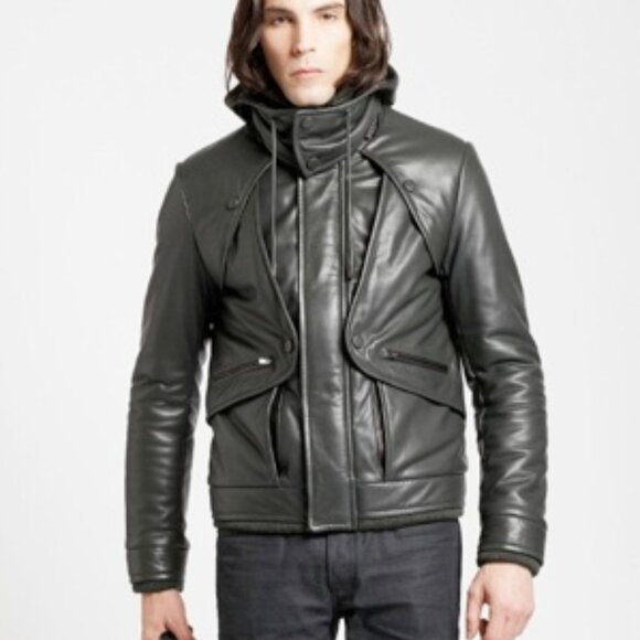 Barnabe Hardy Lamb Skin Green Hooded Bomber Coat Jacket France puffer 50 L - Picture 3 of 16